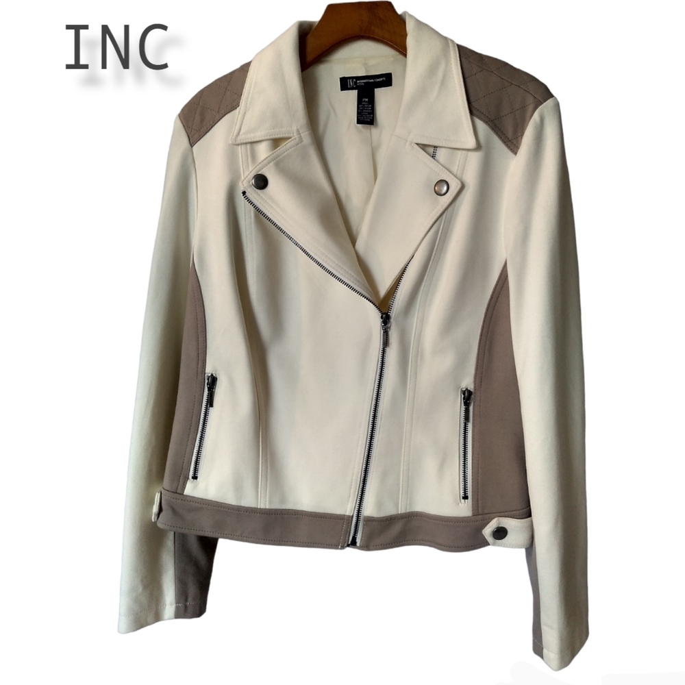 Inc International Concepts 2 Tone Cream Tan Moto Full Zip Snap Jacket PM